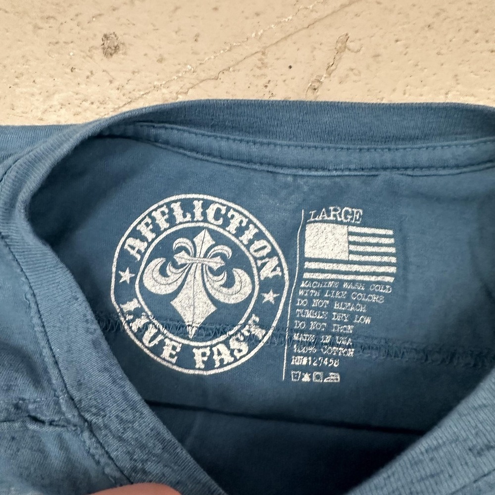 Affliction Shirt Mens Large Blue Eagle Cross 1973 Graphic Tee Biker Gothic - Picture 3 of 8